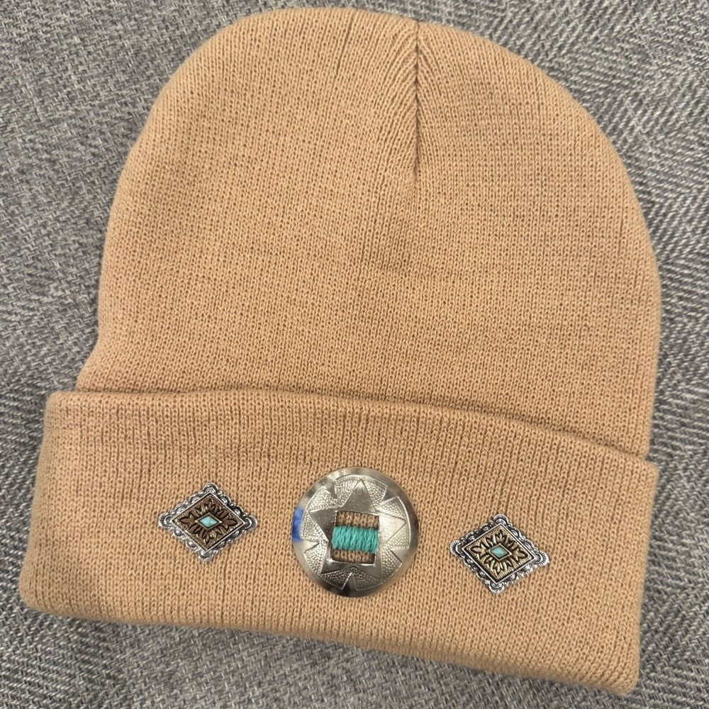 Tan Beanie with Embellishments